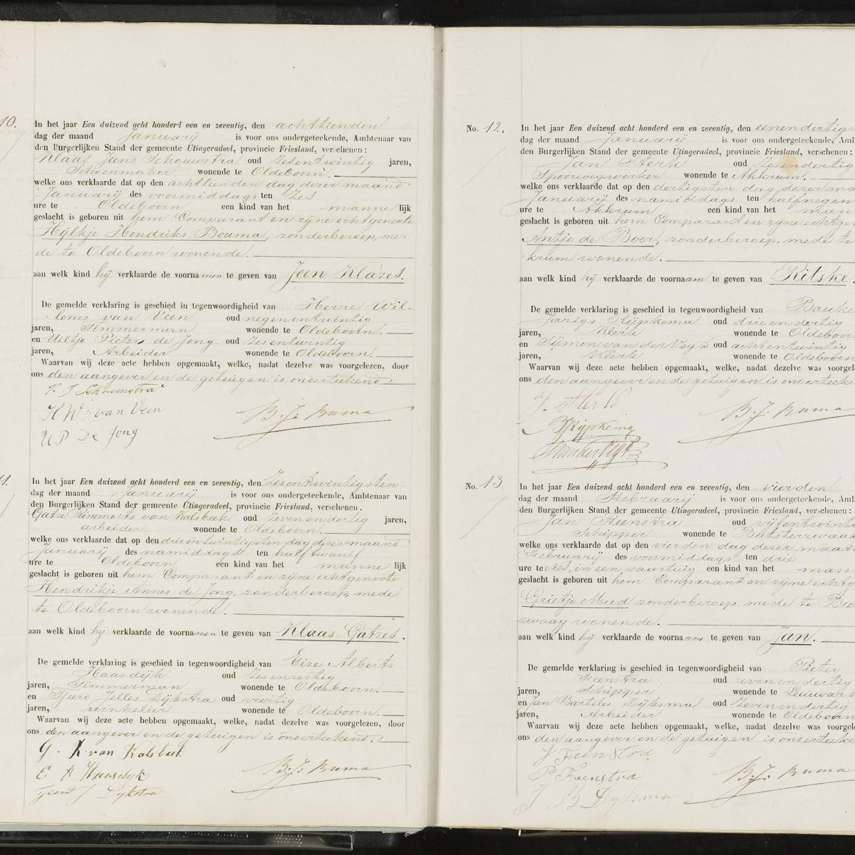 Civil registry of births, Uteringadeel, 1871, records 10-13