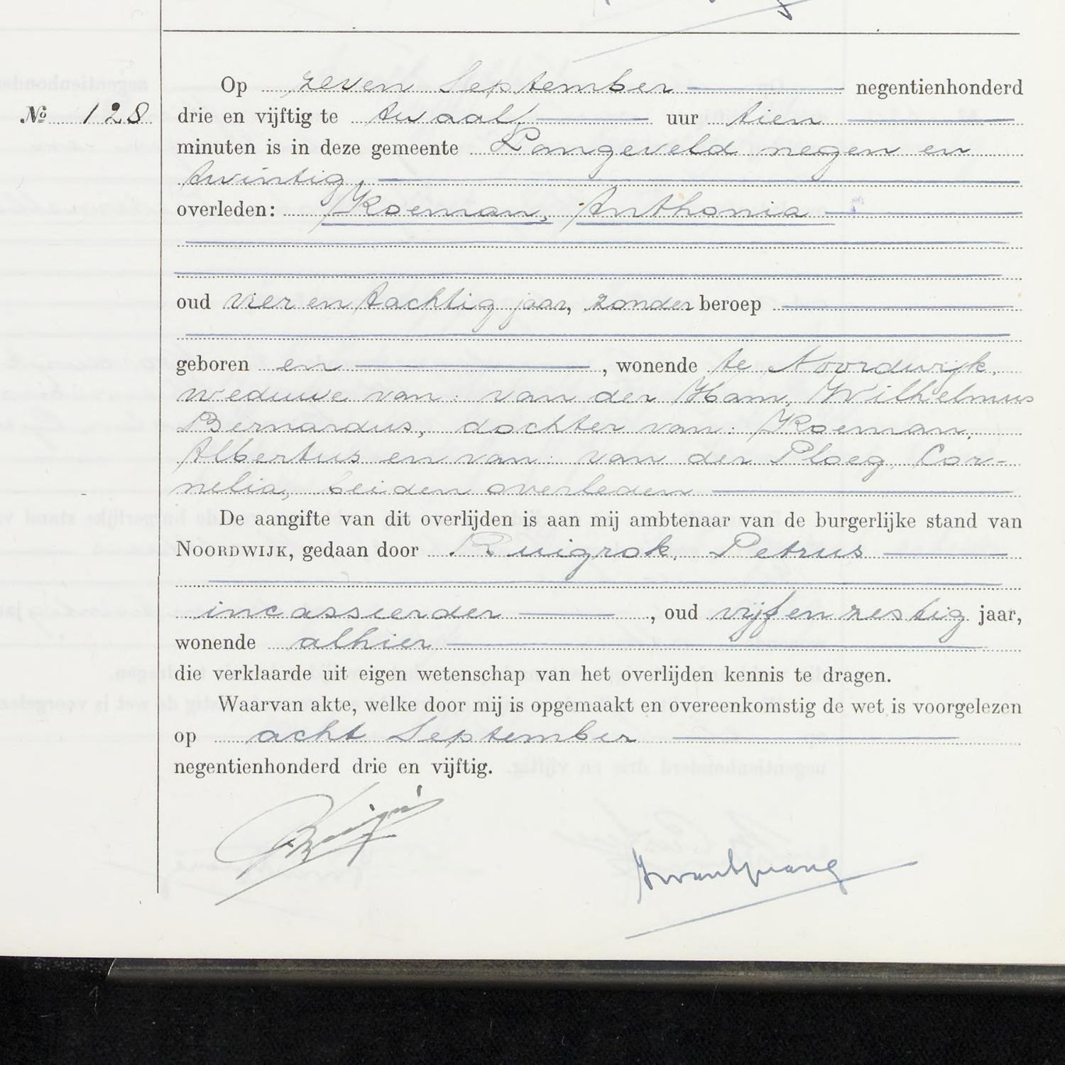 Civil registry of deaths, Noordwijk, 1953, records 125-128