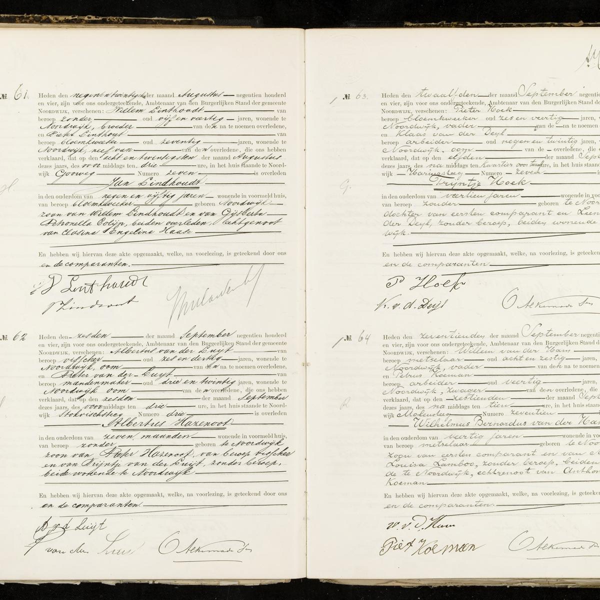 Civil registry of deaths, Noordwijk, 1904, records 61-64