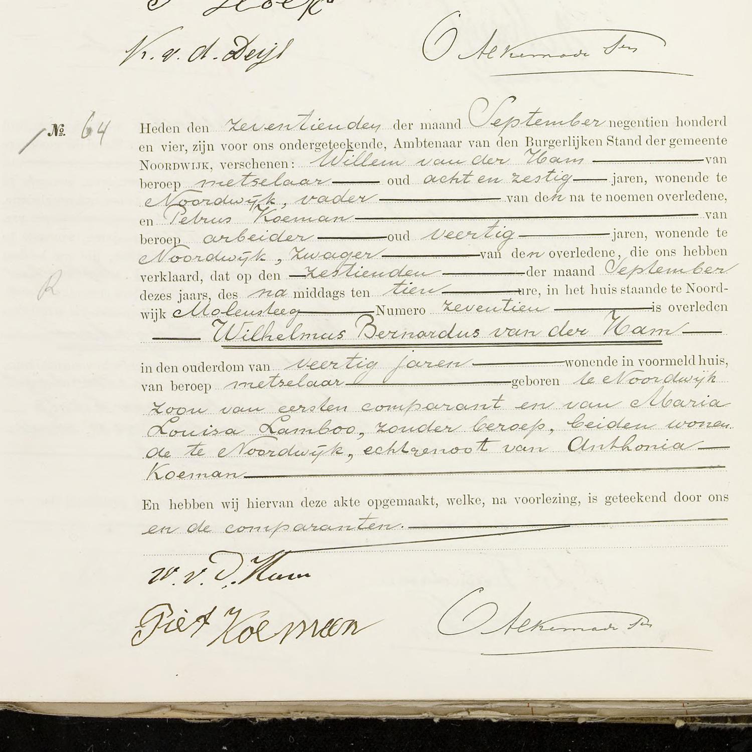 Civil registry of deaths, Noordwijk, 1904, records 61-64