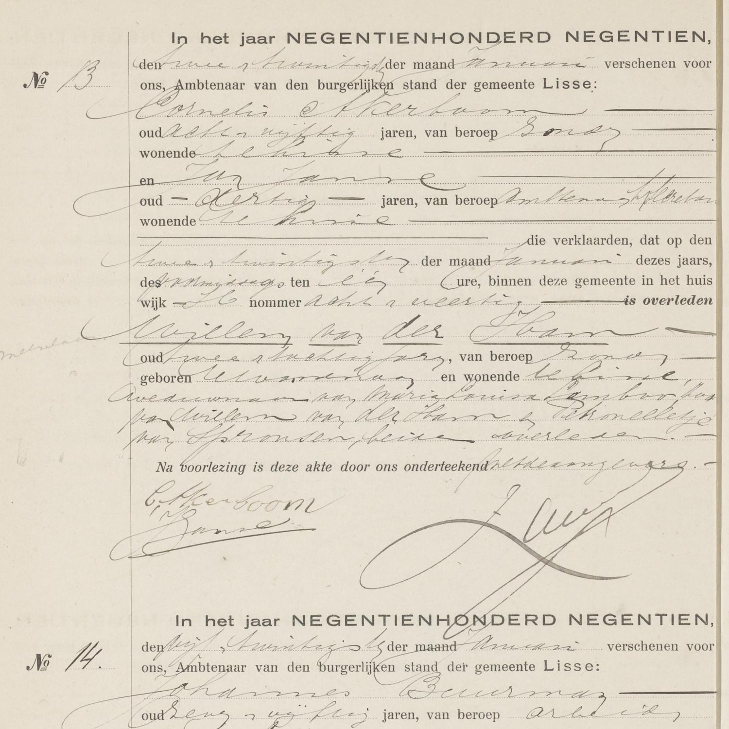 Civil registry of deaths, Lisse, 1919, records 13-16