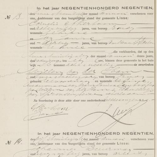 Civil registry of deaths, Lisse, 1919, records 13-16