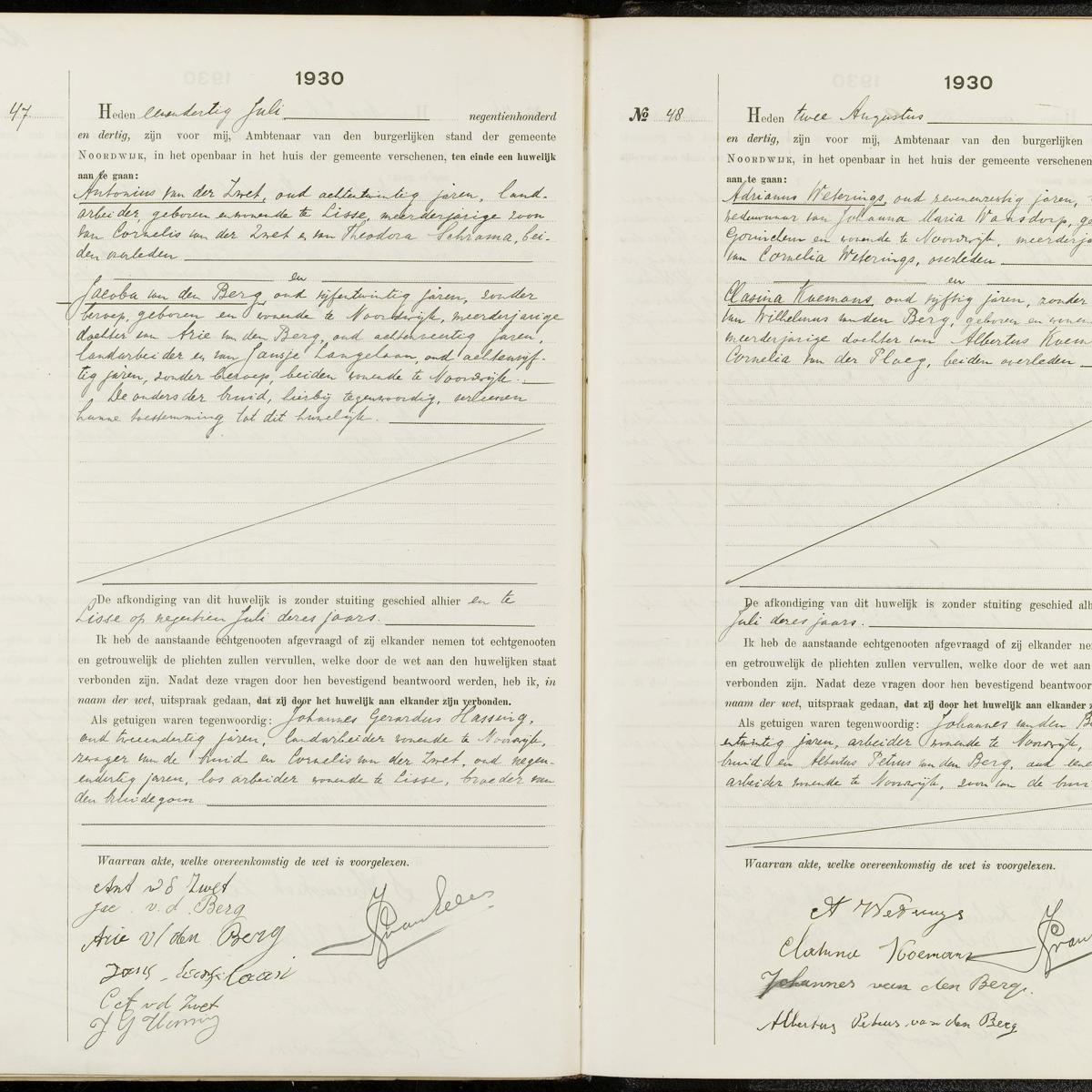 Civil registry of marriages, Noordwijk, 1930, records 47-48
