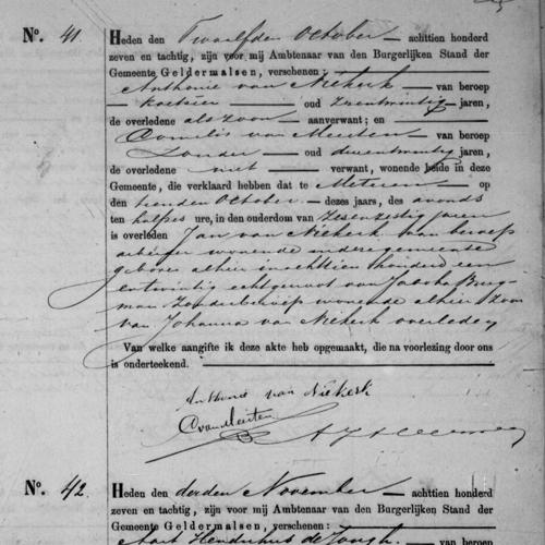 Civil registry of deaths, Geldermalsen, 1877, records 39-42