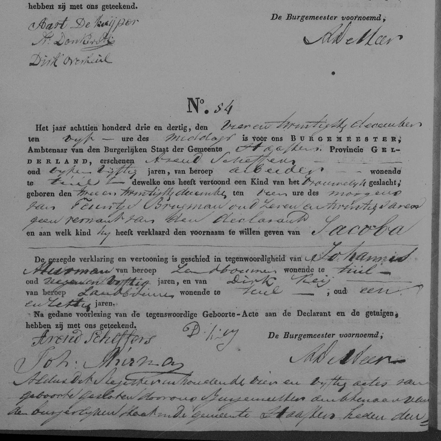 Civil registry of births, Haaften, 1833, records 53-54