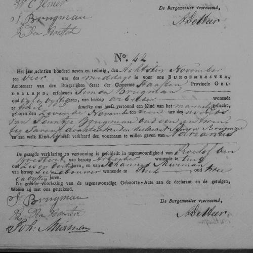 Civil registry of births, Haaften, 1827, records 41-44