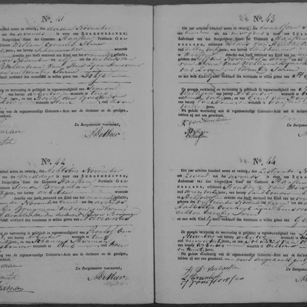 Civil registry of births, Haaften, 1827, records 41-44