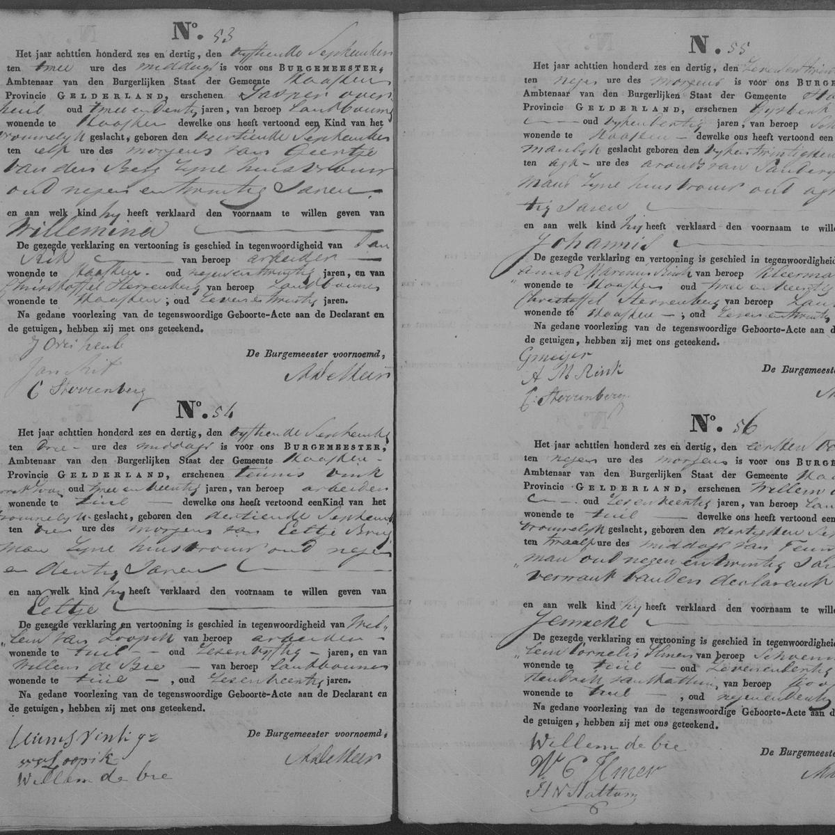 Civil registry of births, Haaften, 1836, records 53-56