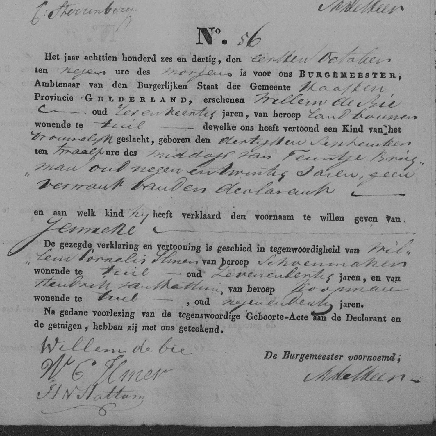 Civil registry of births, Haaften, 1836, records 53-56