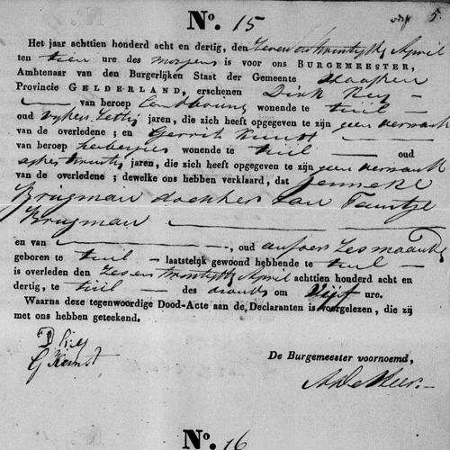 Civil registry of deaths, Haaften, 1838, records 13-16