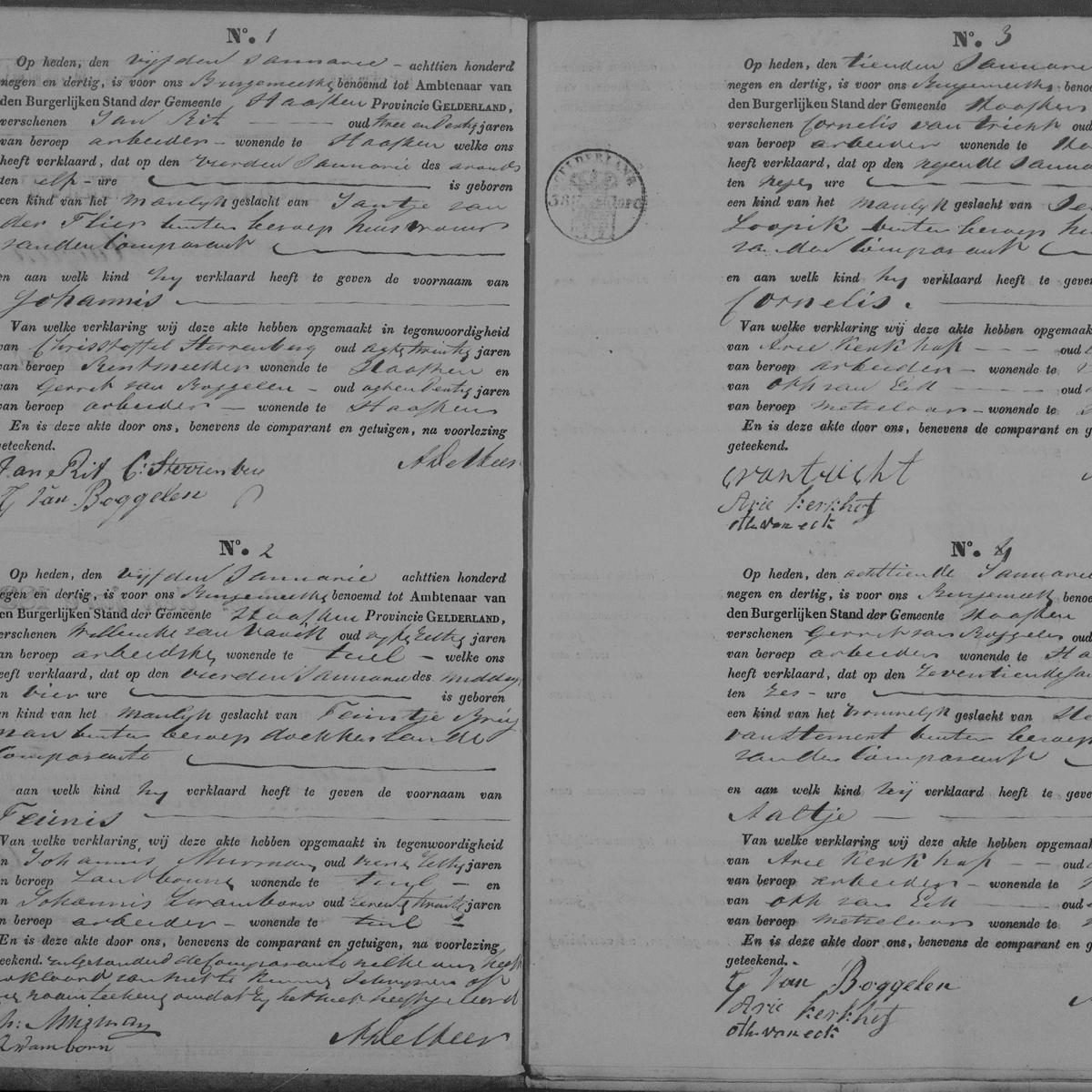 Civil registry of births, Haaften 1839, records 1-4