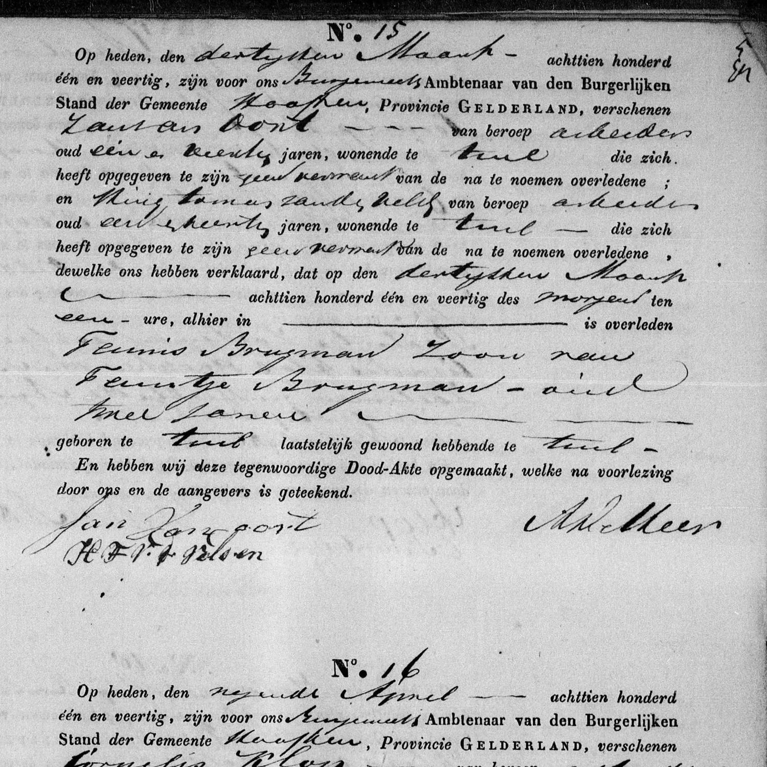 Civil registry of deaths, Haaften, 1841, records 13-16