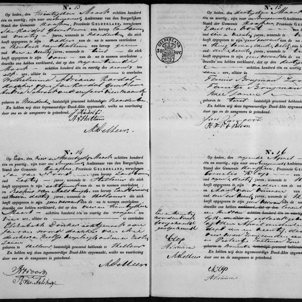 Civil registry of deaths, Haaften, 1841, records 13-16