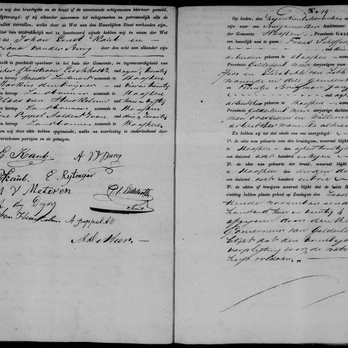 Civil registry of marriages, Haaften, 1842, records 18-19