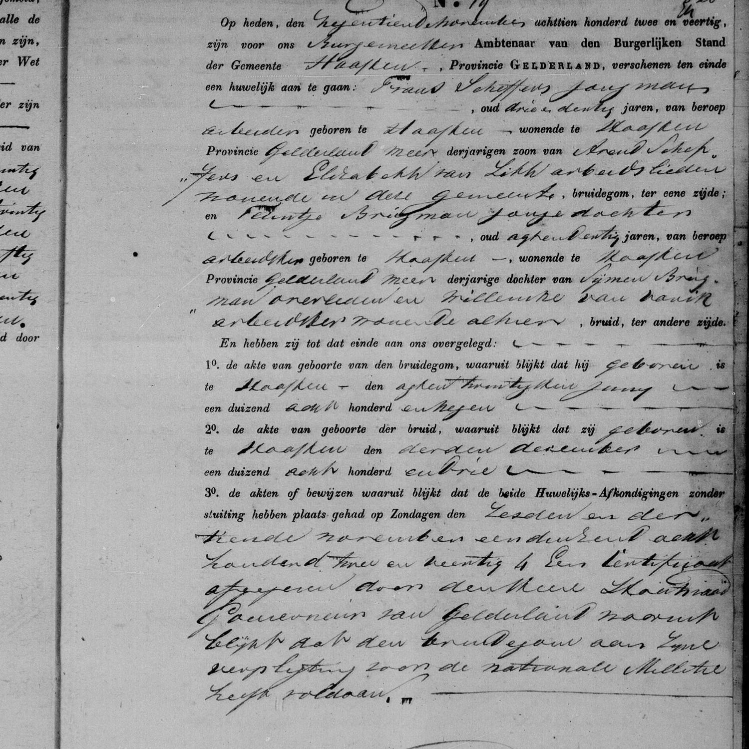 Civil registry of marriages, Haaften, 1842, records 18-19