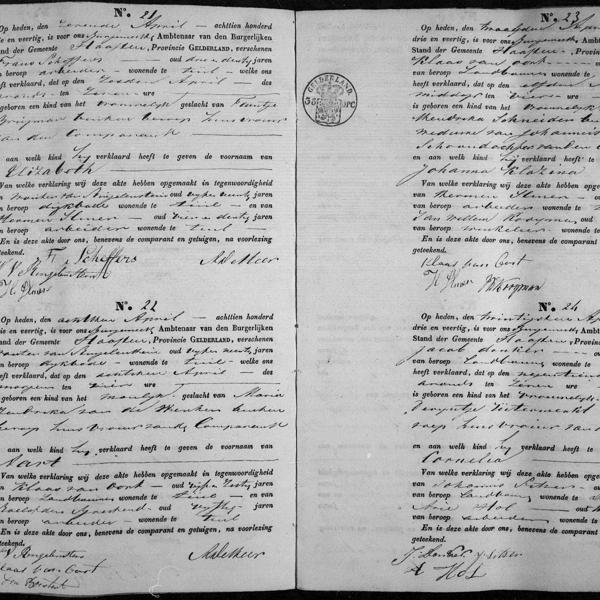 Civil registry of births, Haaften, 1843, records 21-24