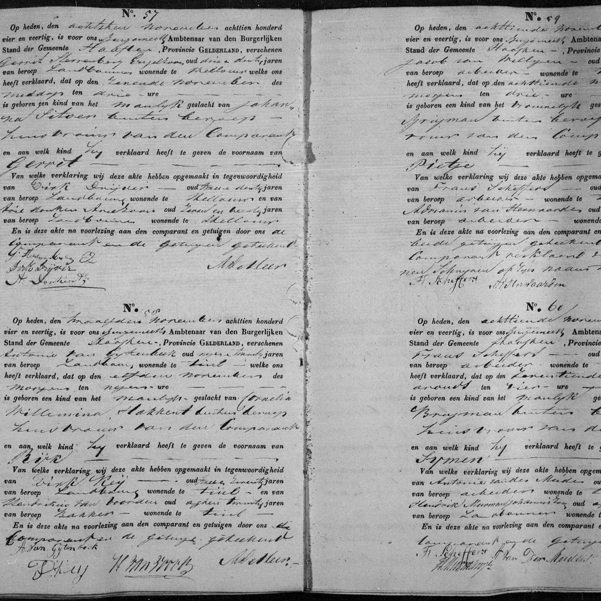 Civil registry of births, Haaften, 1844, records 57-60