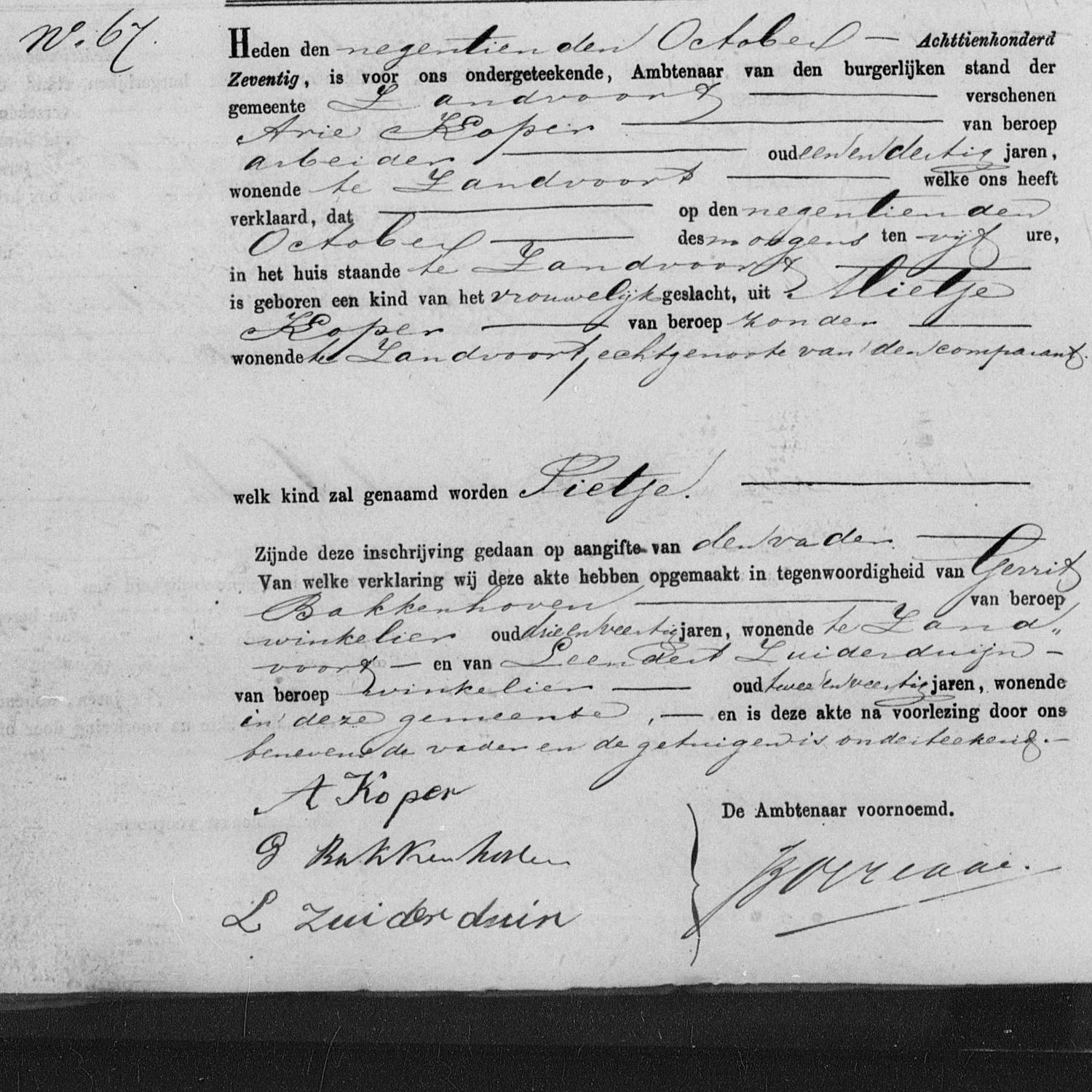 Civil registry of births, Zandvoort, 1870, records 66-69