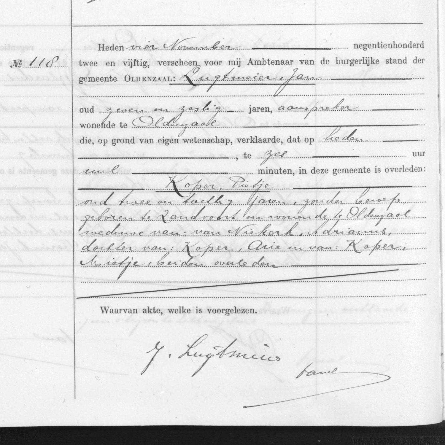 Civil registry of deaths, Oldenzaal, 1952, records 117-118