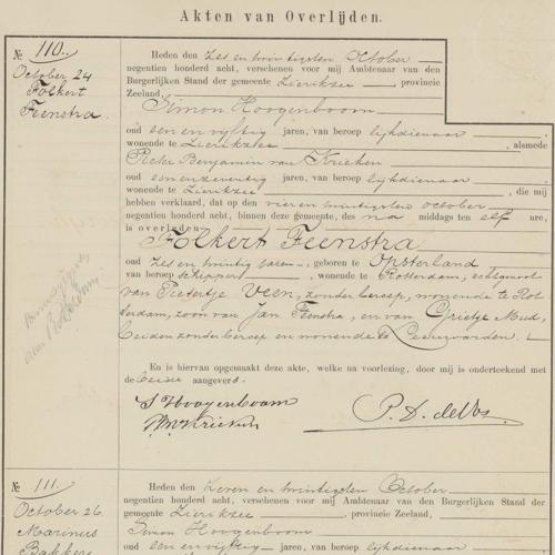 Civil registry of deaths, Zierikzee, 1908, records 110-113