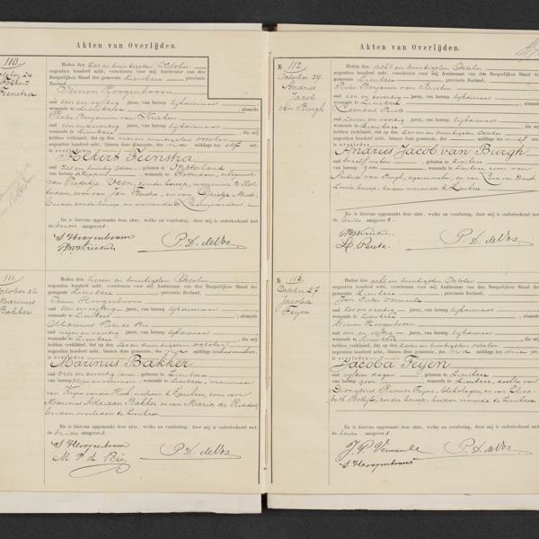 Civil registry of deaths, Zierikzee, 1908, records 110-113