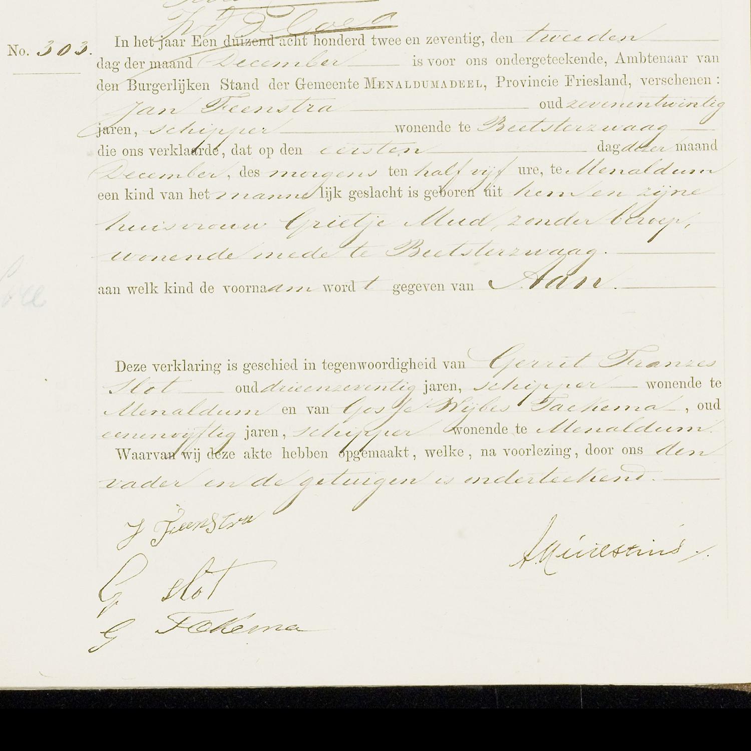 Civil registry of births, Menaldumadeel, 1872, records 302-305