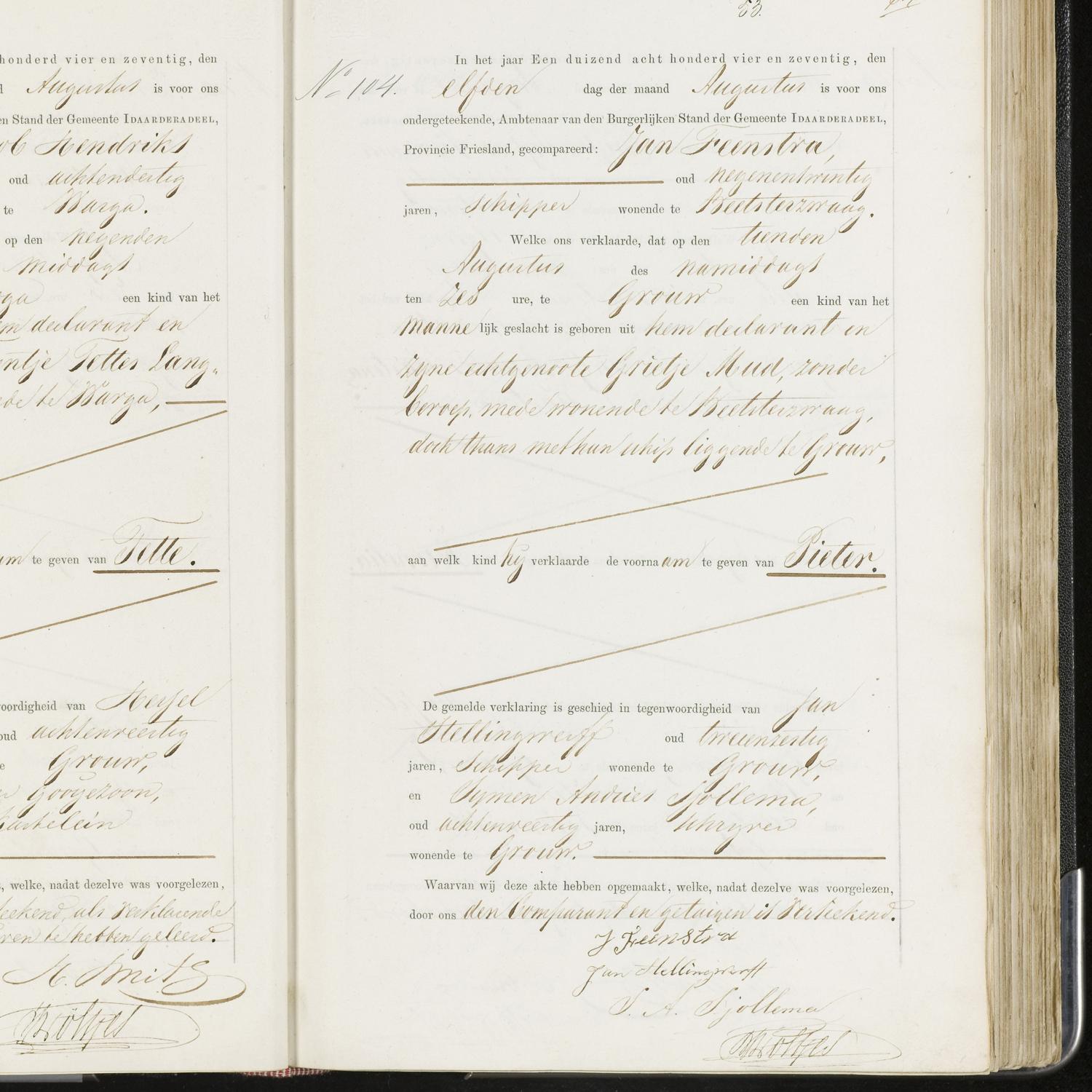 Civil registry of births, Idaarderadeel, 1874, records 103-104