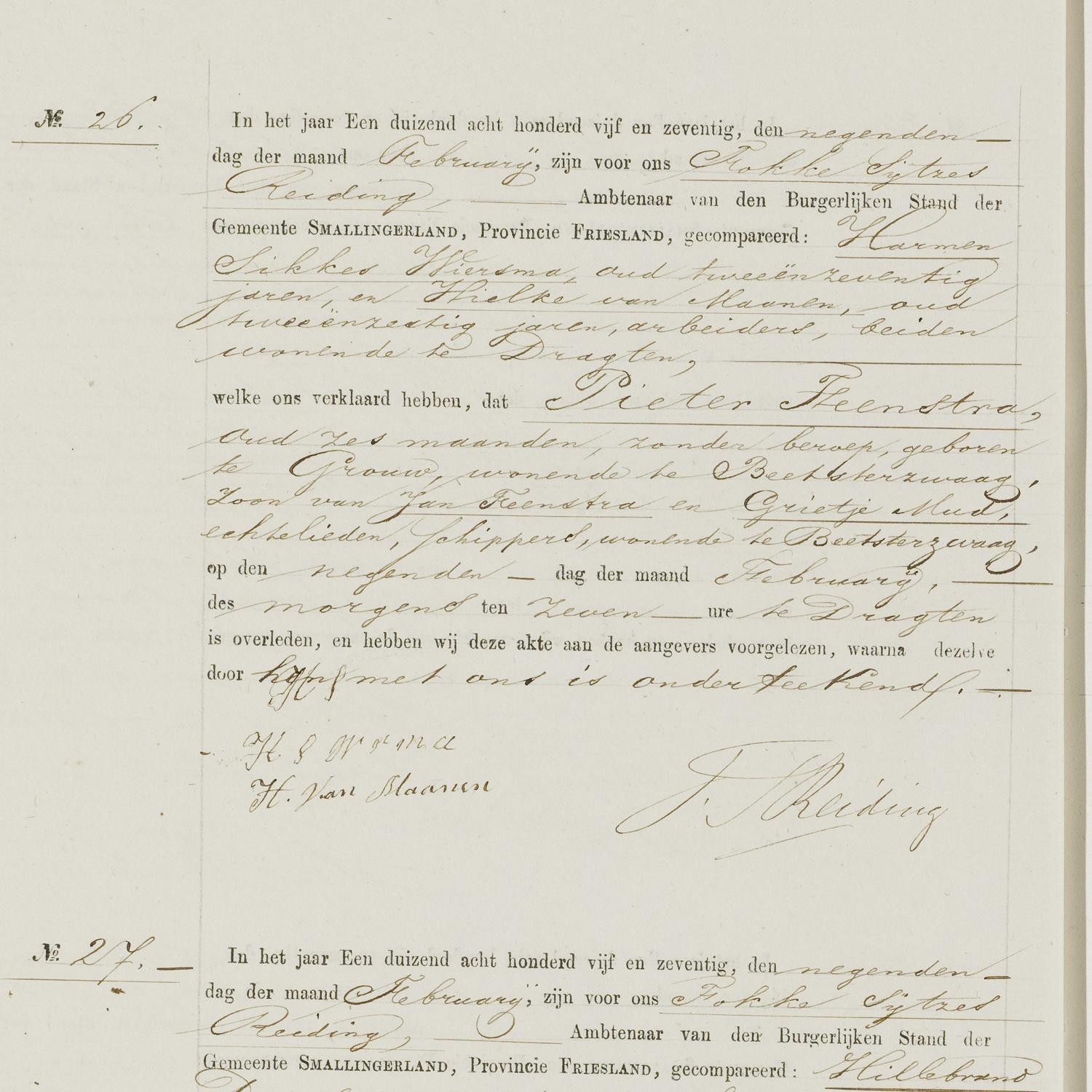 Civil registry of deaths, Smallingerland, 1875, records 26-29