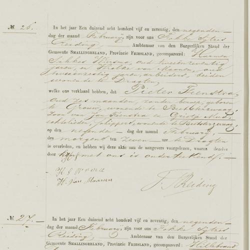 Civil registry of deaths, Smallingerland, 1875, records 26-29