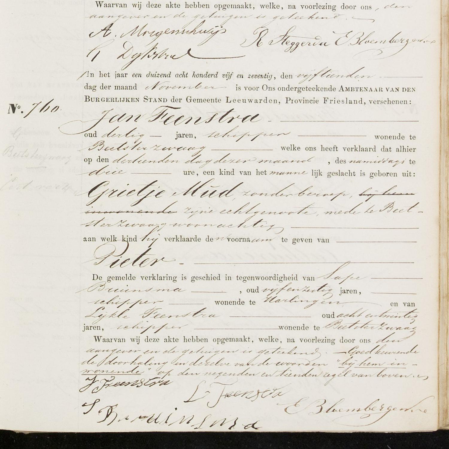 Civil registry of births, Leeuwarden, 1875, records 757-760