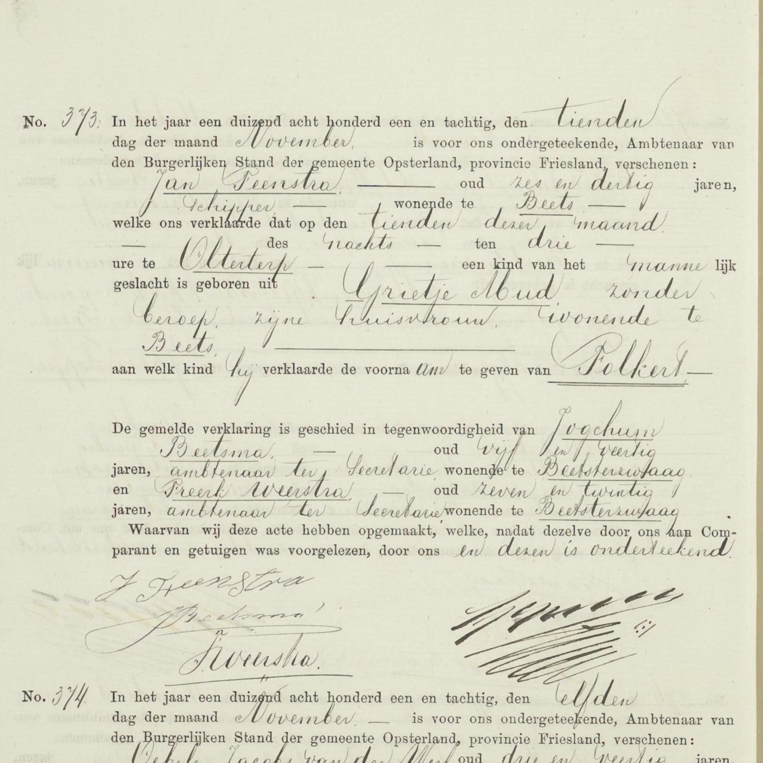 Civil registry of births, Opsterland, 1881, records 373-376