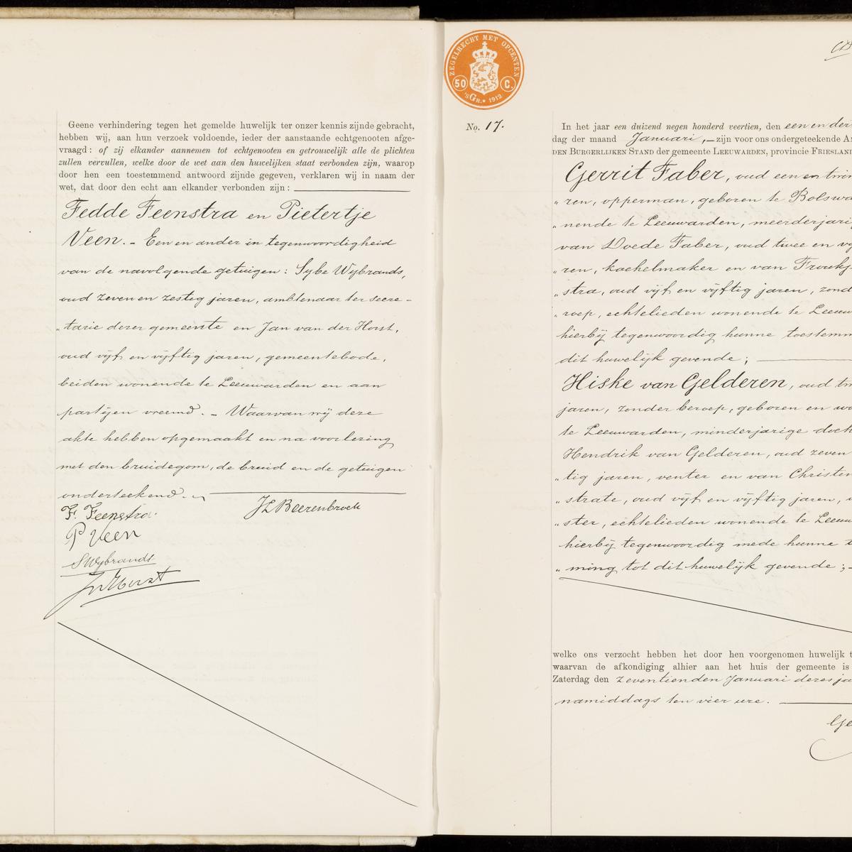 Civil registry of marriages, Leeuwarden, 1914, records 16-17