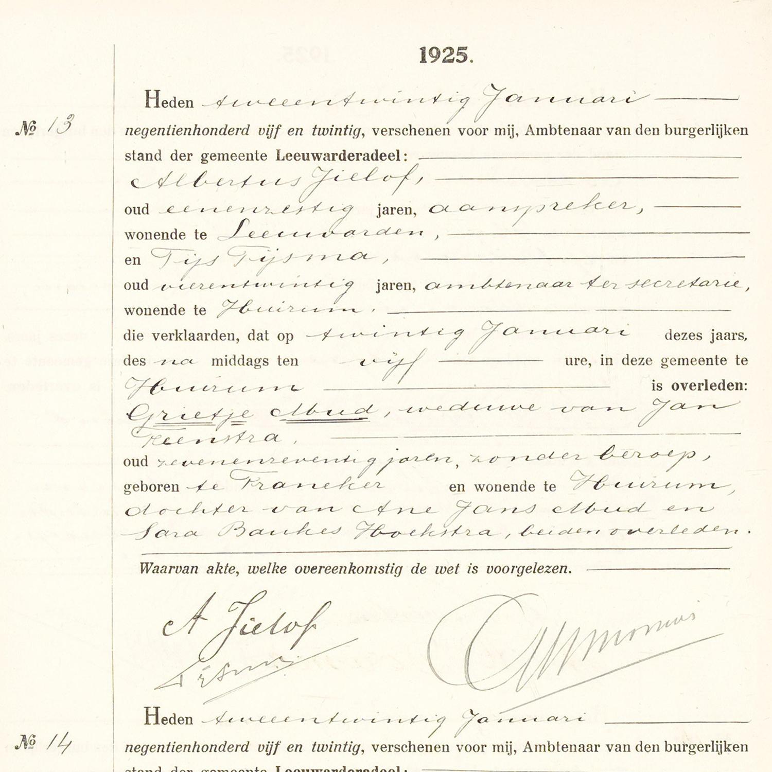 Civil registry of deaths, Leeuwarderadeel, 1925, records 13-16