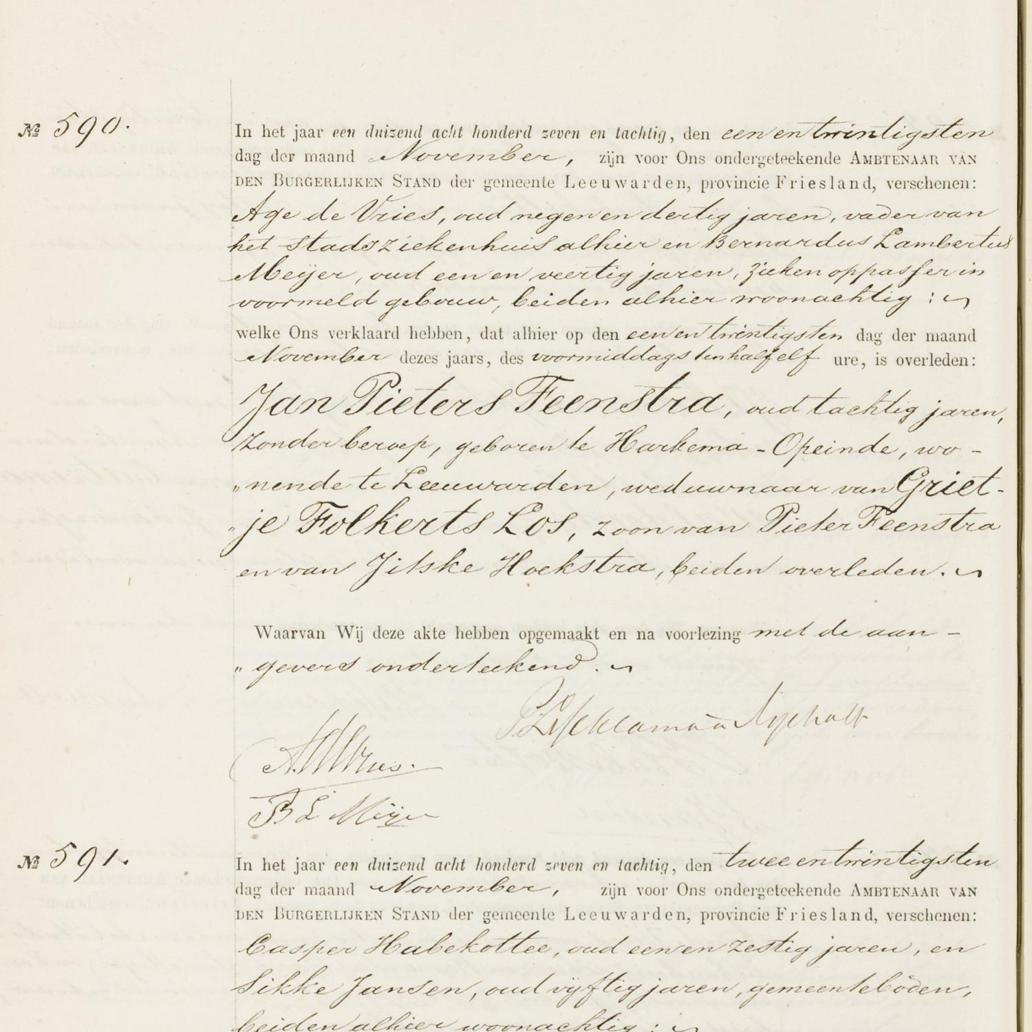 Civil registry of deaths, Leeuwarden, 1887, records 590-593