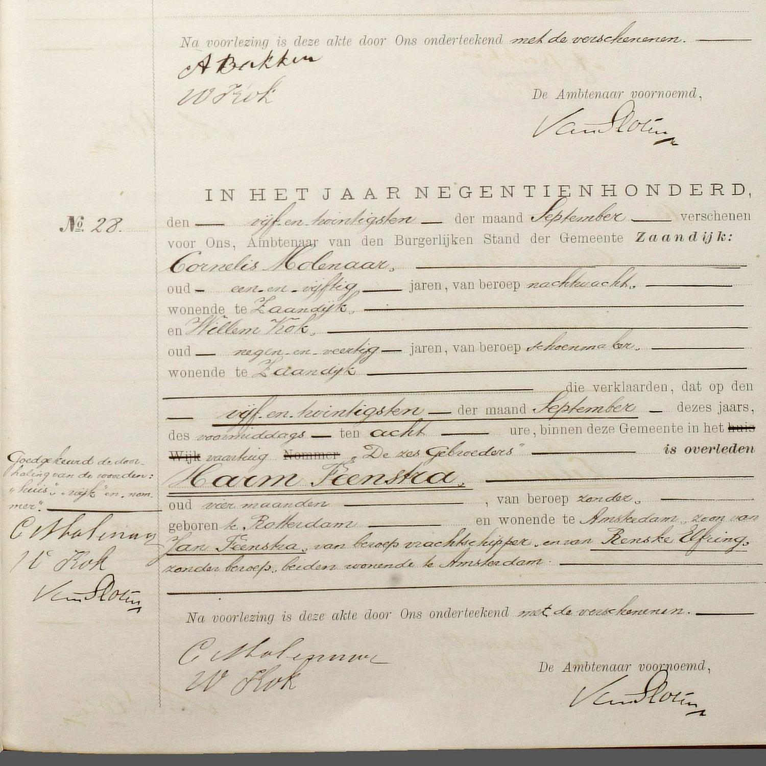 Civil registry of deaths, Zaandijk, 1900, records 27-28