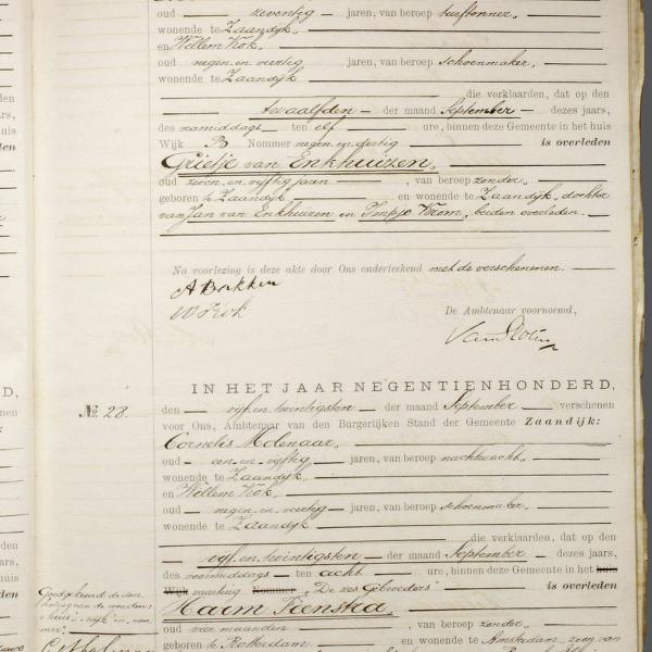 Civil registry of deaths, Zaandijk, 1900, records 27-28