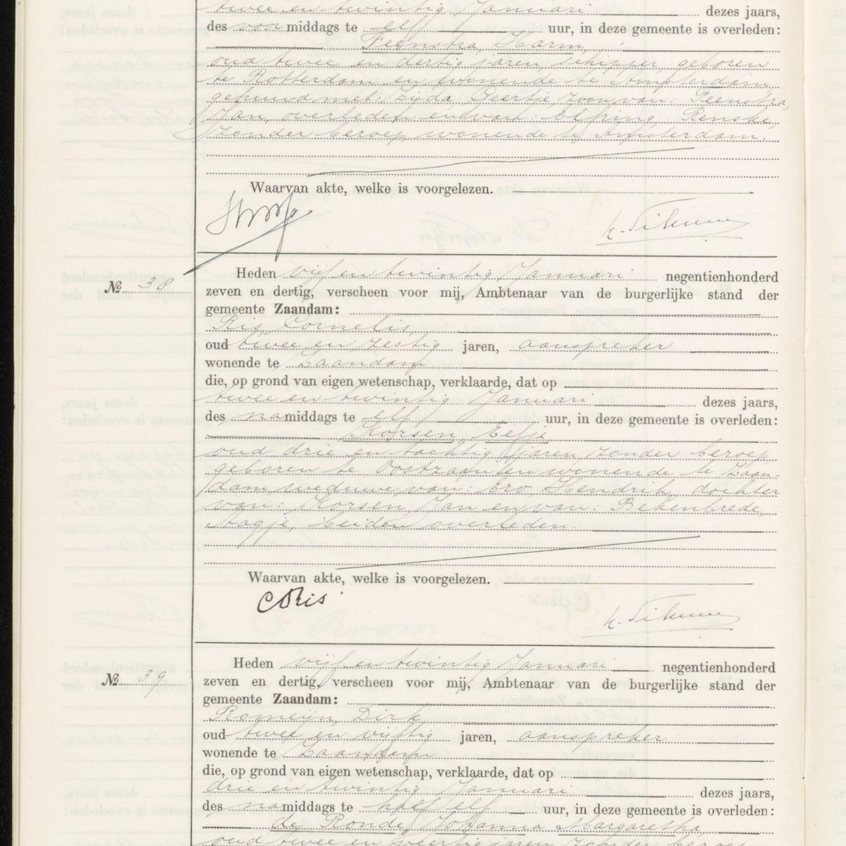 Civil registry of deaths, Zaandam, 1937, records 37-39