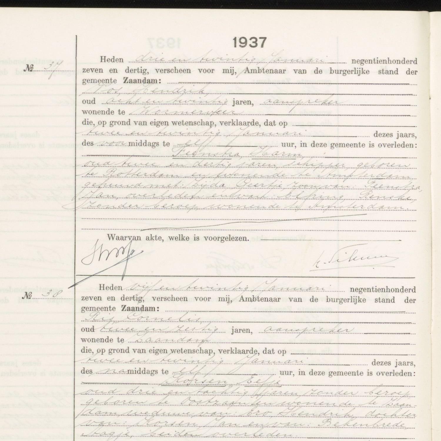 Civil registry of deaths, Zaandam, 1937, records 37-39