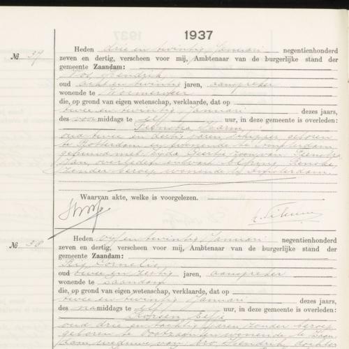 Civil registry of deaths, Zaandam, 1937, records 37-39