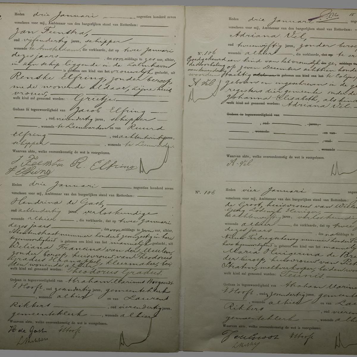 Civil registry of births, Rechtbank Rotterdam, 1907, records 102-108 (even)