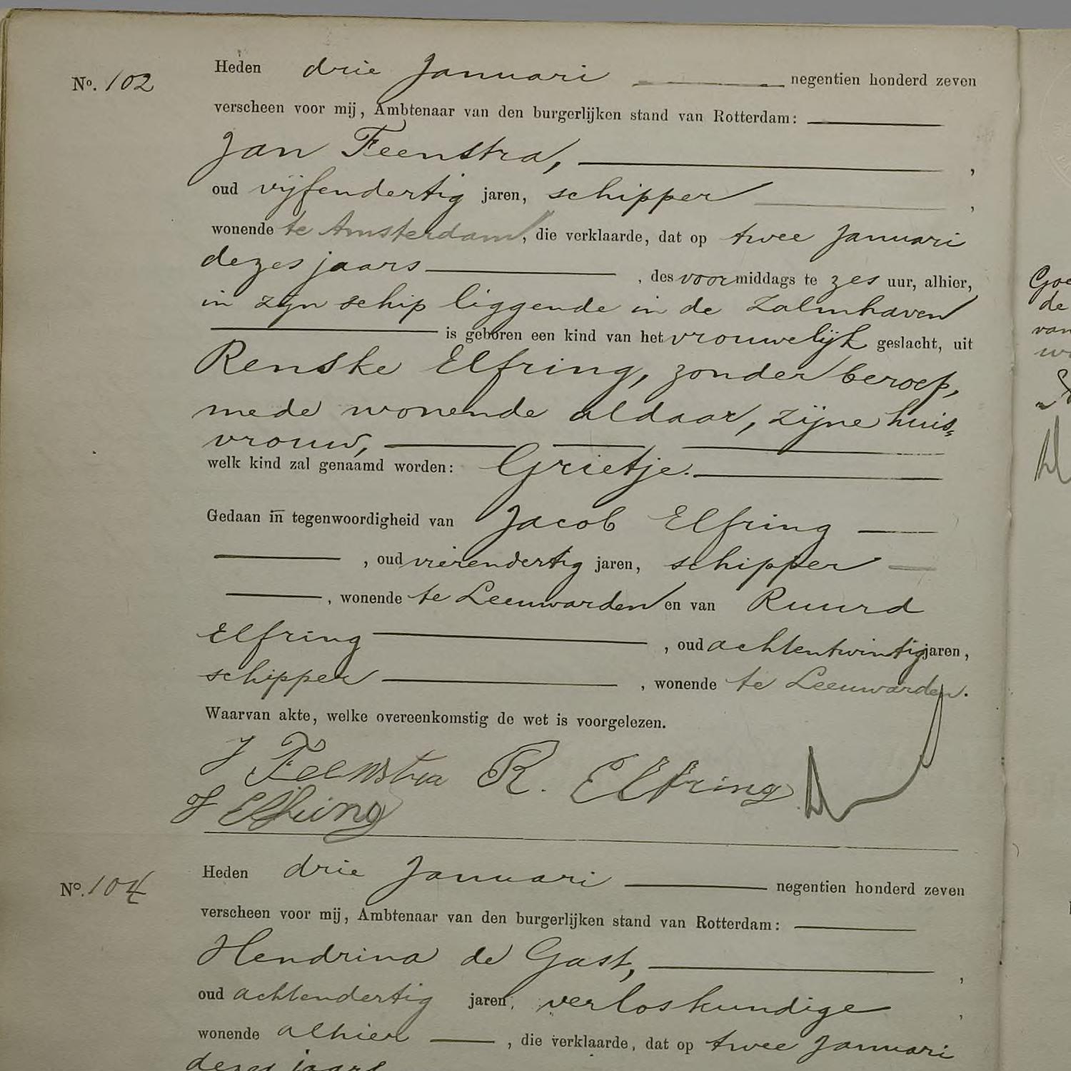 Civil registry of births, Rechtbank Rotterdam, 1907, records 102-108 (even)