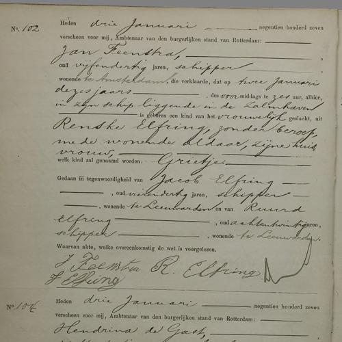 Civil registry of births, Rechtbank Rotterdam, 1907, records 102-108 (even)