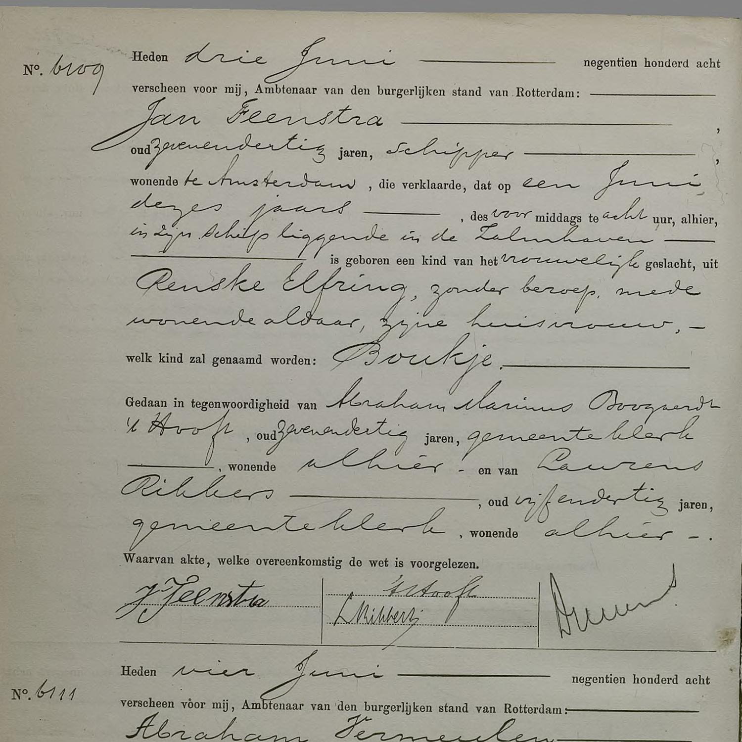 Civil registry of births, Rechtbank Rotterdam, 1908, records 6109-6115 (odd)