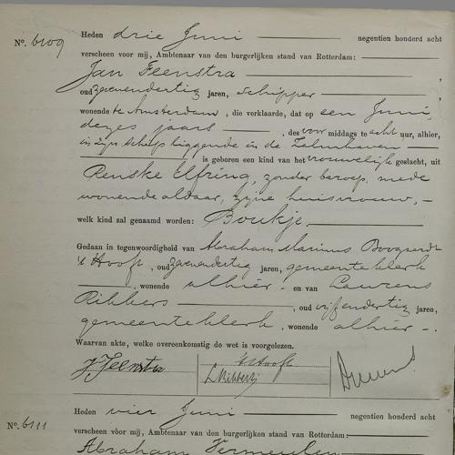 Civil registry of births, Rechtbank Rotterdam, 1908, records 6109-6115 (odd)