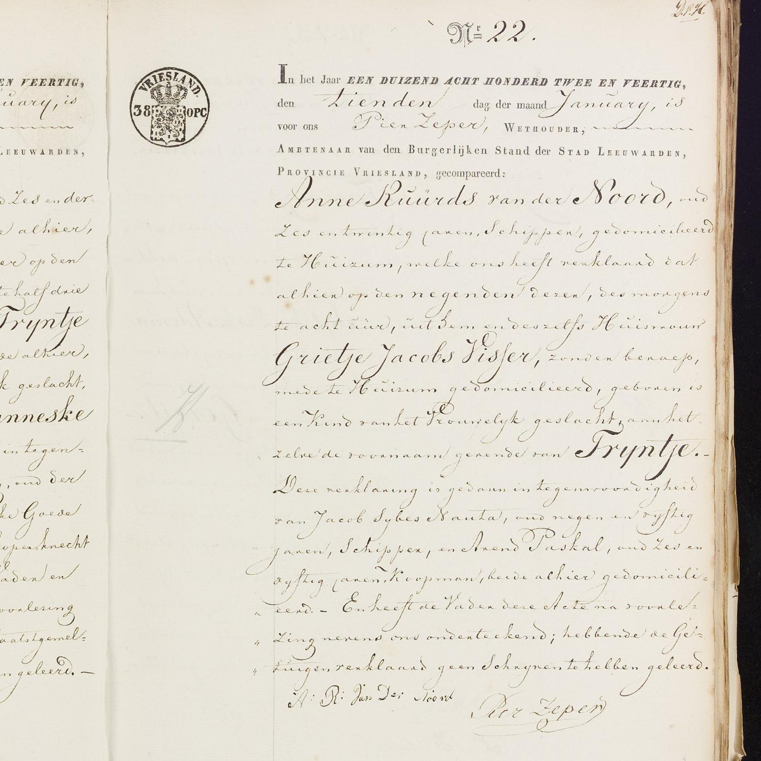 Civil registry of births, Leeuwarden, 1842, records 21-22