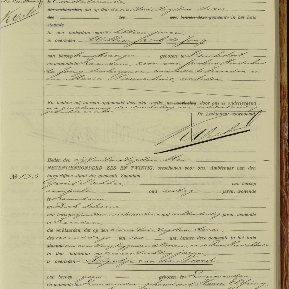 Civil registry of deaths, Zaandam, 1926, records 123-133