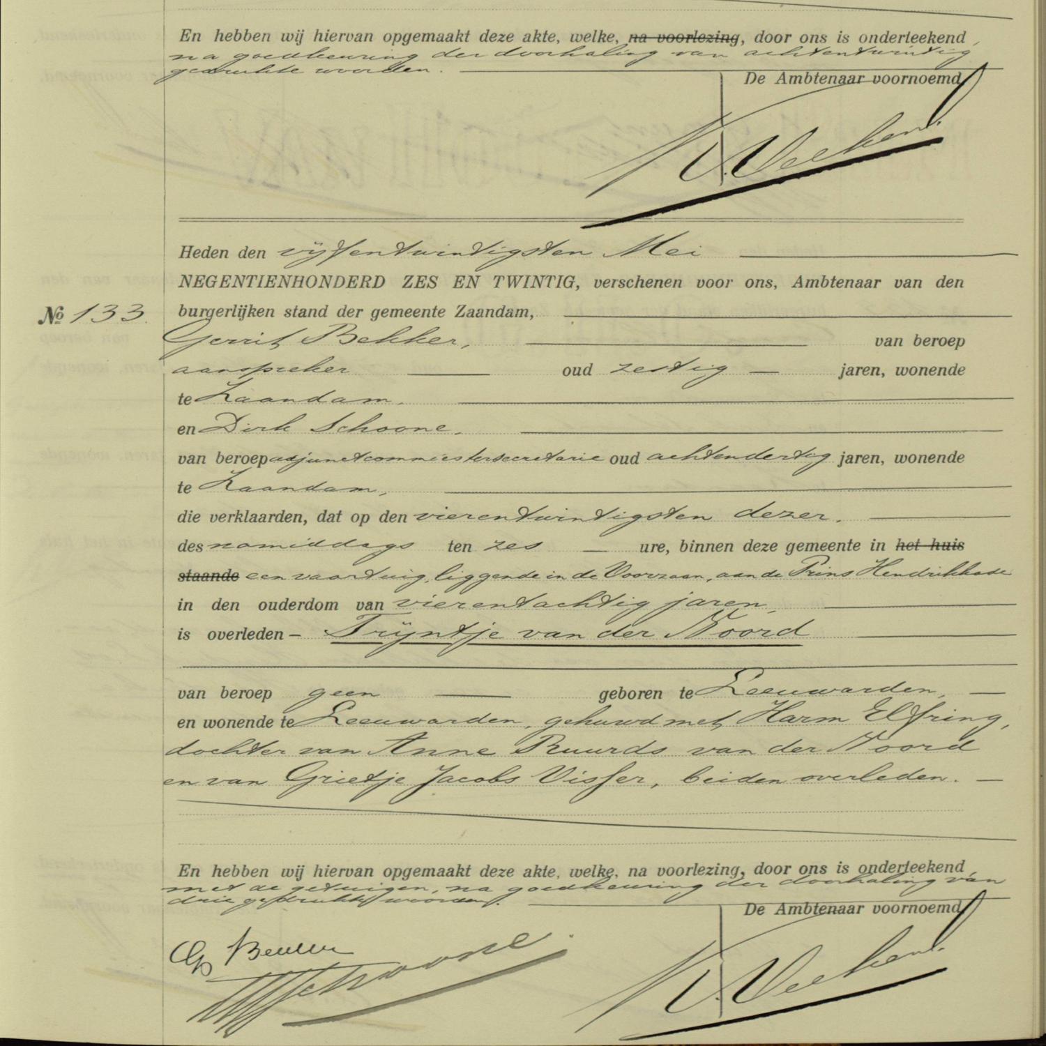 Civil registry of deaths, Zaandam, 1926, records 123-133