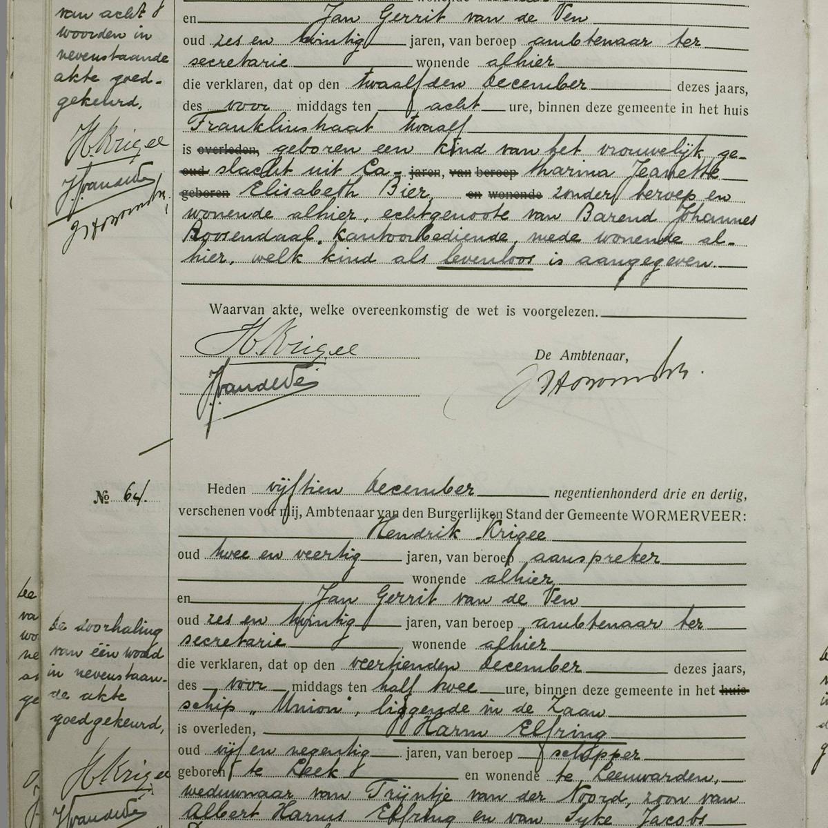 Civil registry of deaths, Wormerveer, 1933, records 63-64