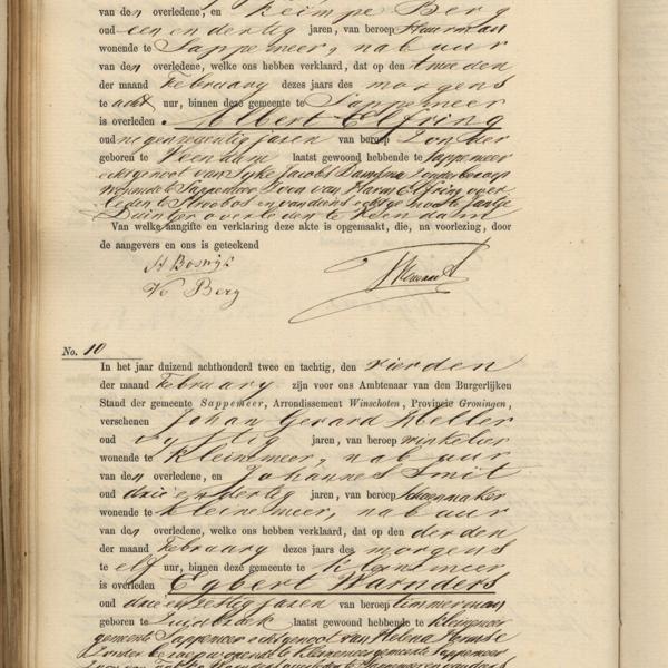 Civil registry of deaths, Sappemeer, 1882, records 9-10