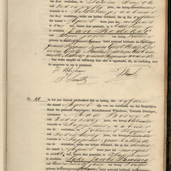 Civil registry of deaths, Sappemeer, 1883, records 39-40